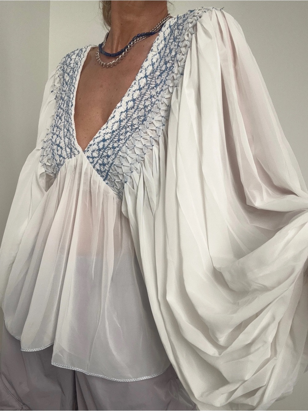 Anthropologie Sheer Chiffon Flowy Draped Embroidered Plunge V-neck Top